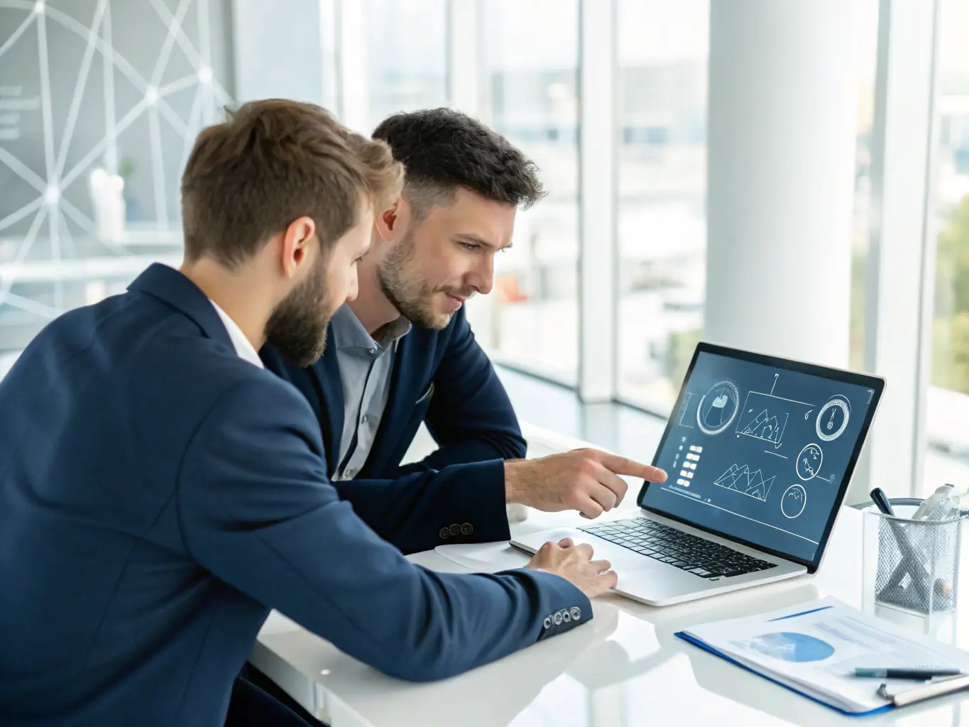 A consultant is assisting a company in integrating new software, showing them how to use the system effectively on a laptop.