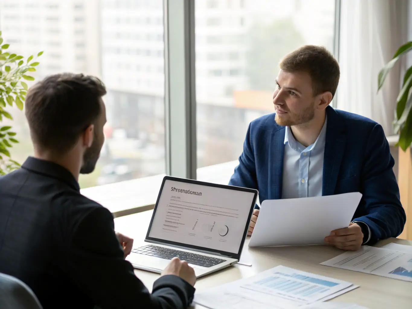 A professional coach assisting a client with new software setup on a laptop, with digital icons floating around, representing Technology Adoption Support.