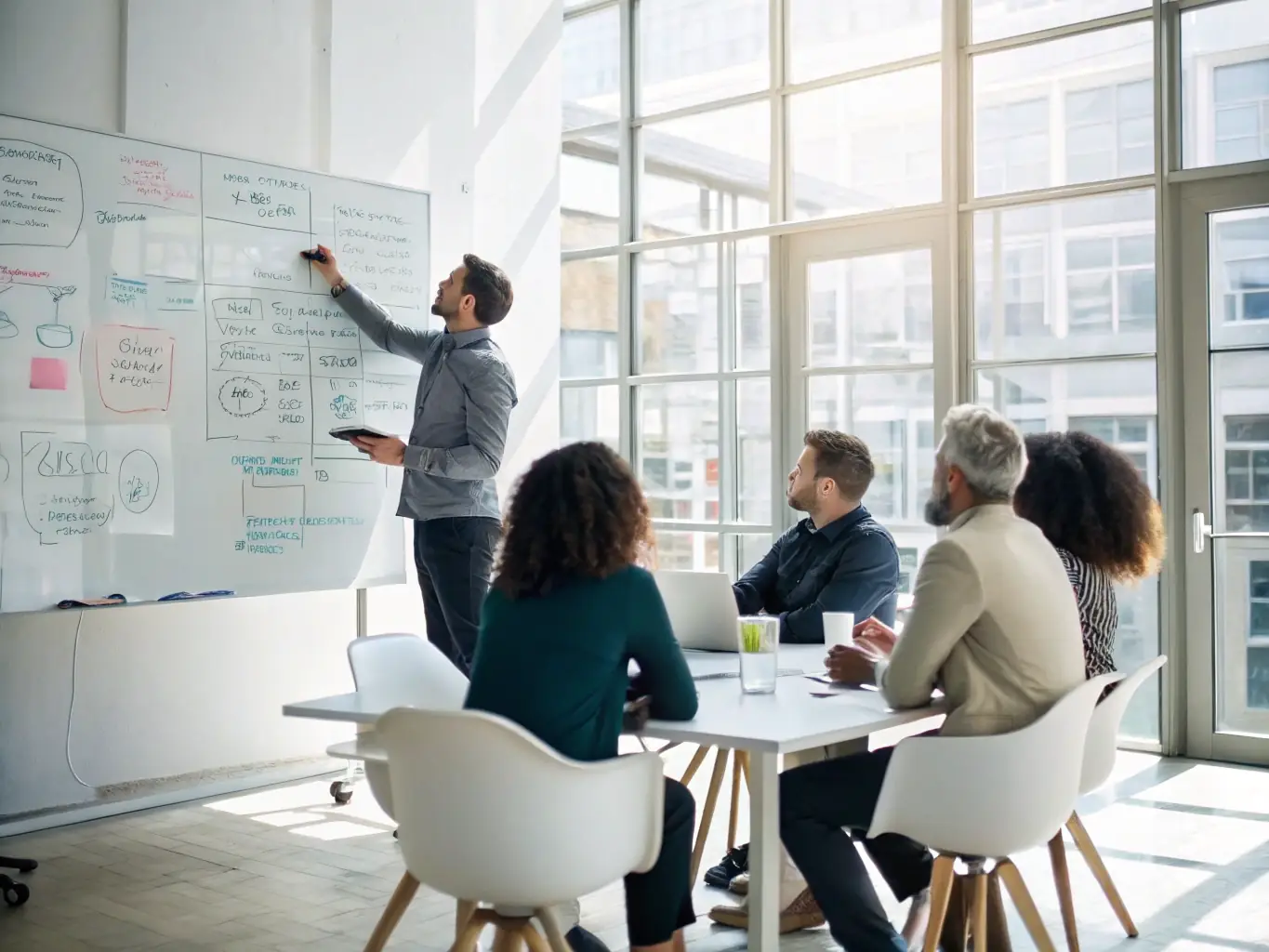 A business coach is guiding a team through a digital transformation strategy session, using a whiteboard with technology roadmaps and timelines.