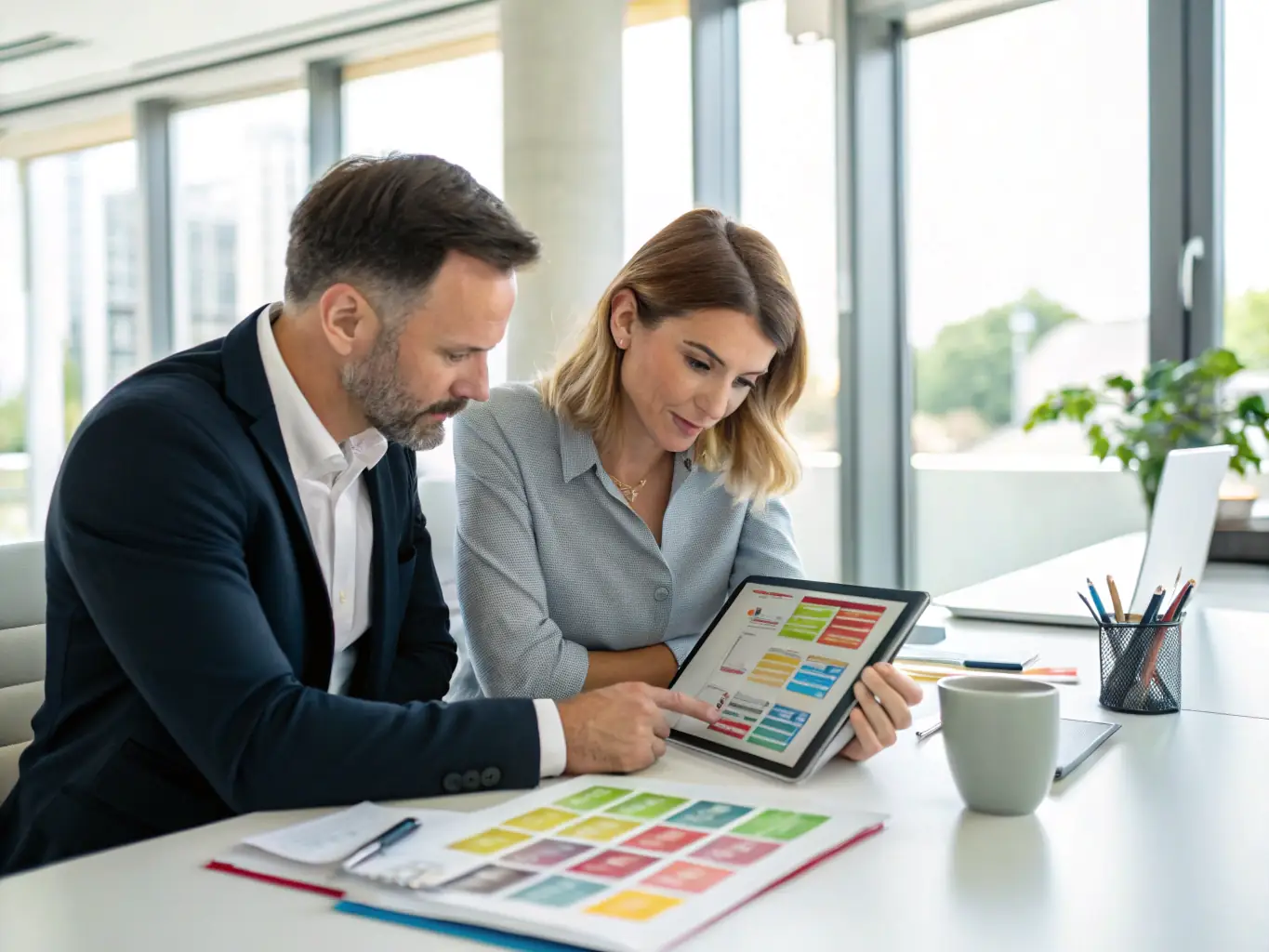A mentor and client discussing strategy over a digital tablet in a modern office setting, representing Business Mentoring & Strategy.